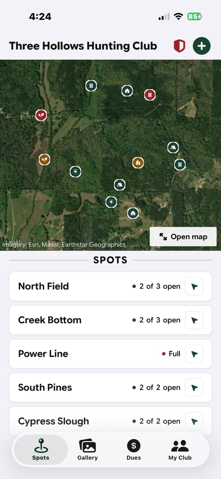 The Spots board: fields and stands over satellite imagery